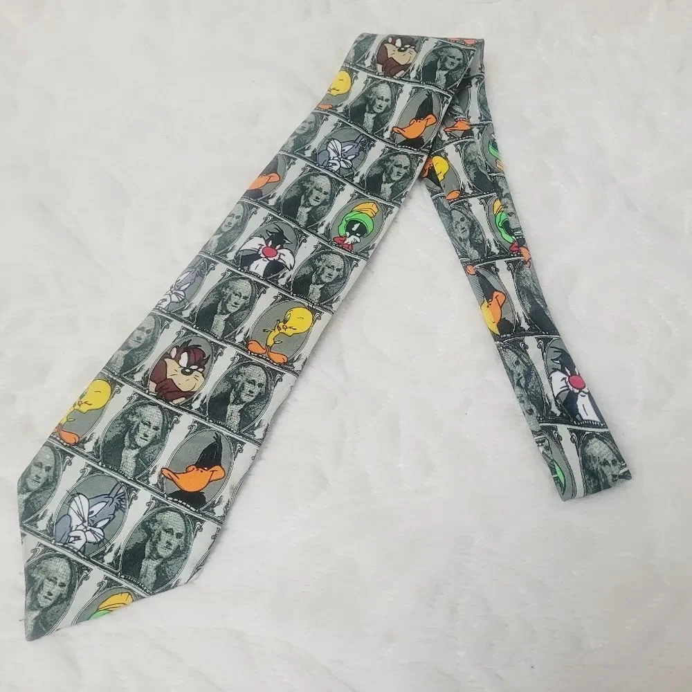 VTG Looney Toons Mania Funny Money Tie 1996 Dollar Bill Bugs Daffy Taz Friends